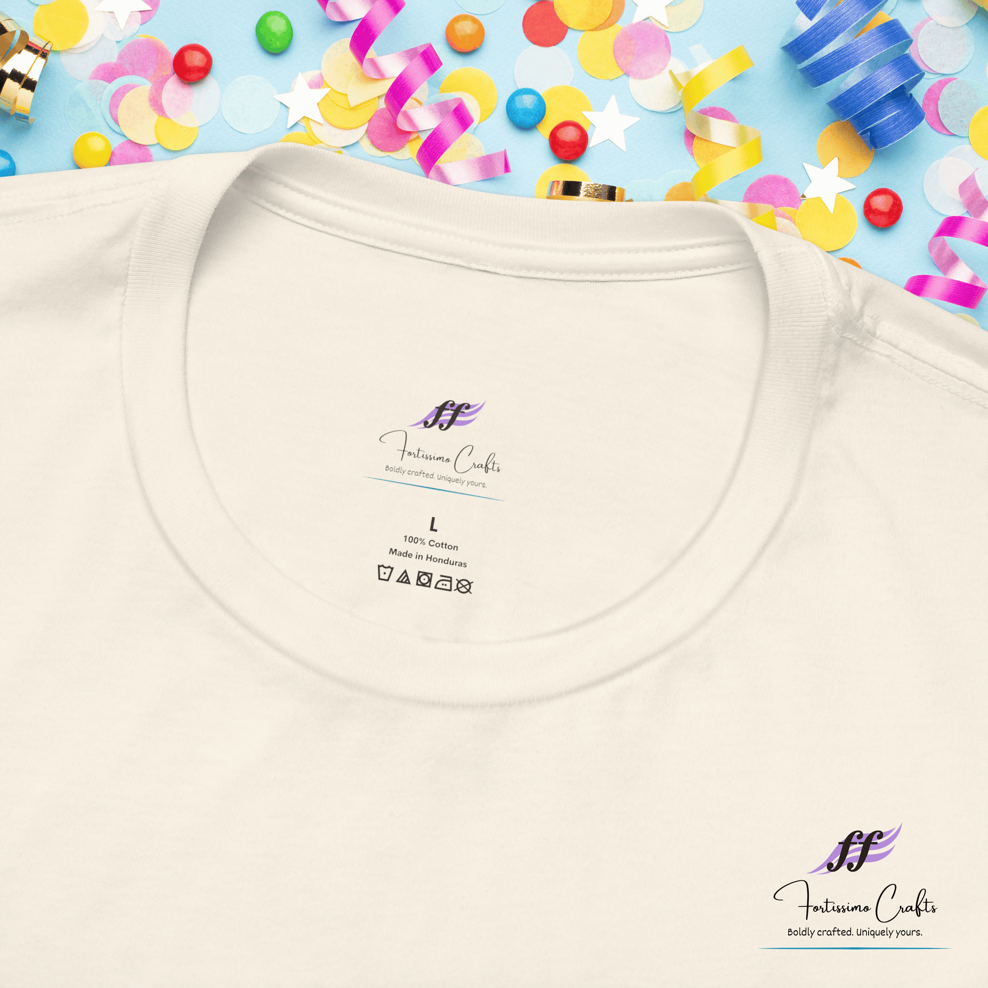 White t-shirt with a brand logo on a colorful confetti background