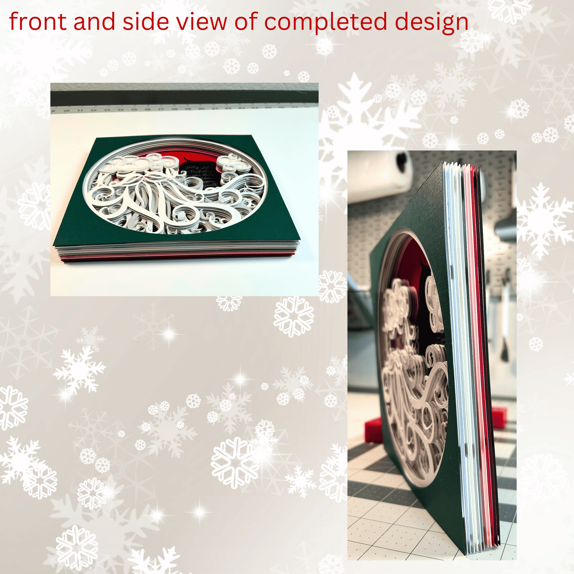 Front and side view of the Jolly Old St. Nicholas 3D layered paper art assembled design showing a close-up of the layers