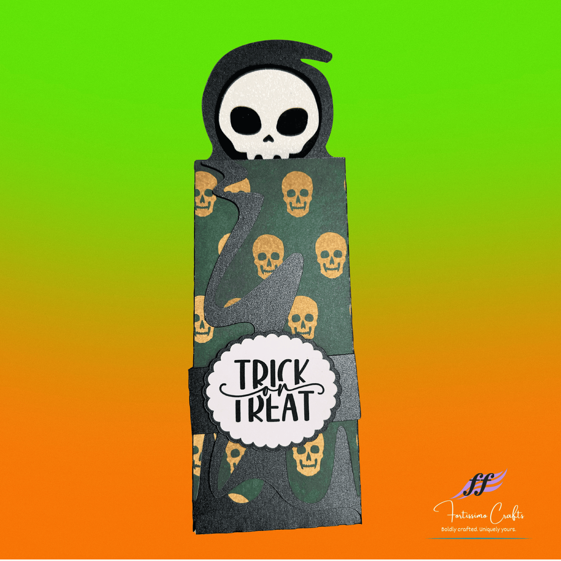 Halloween-themed ghoul candy bar wrapper with black gold design on a gradient background