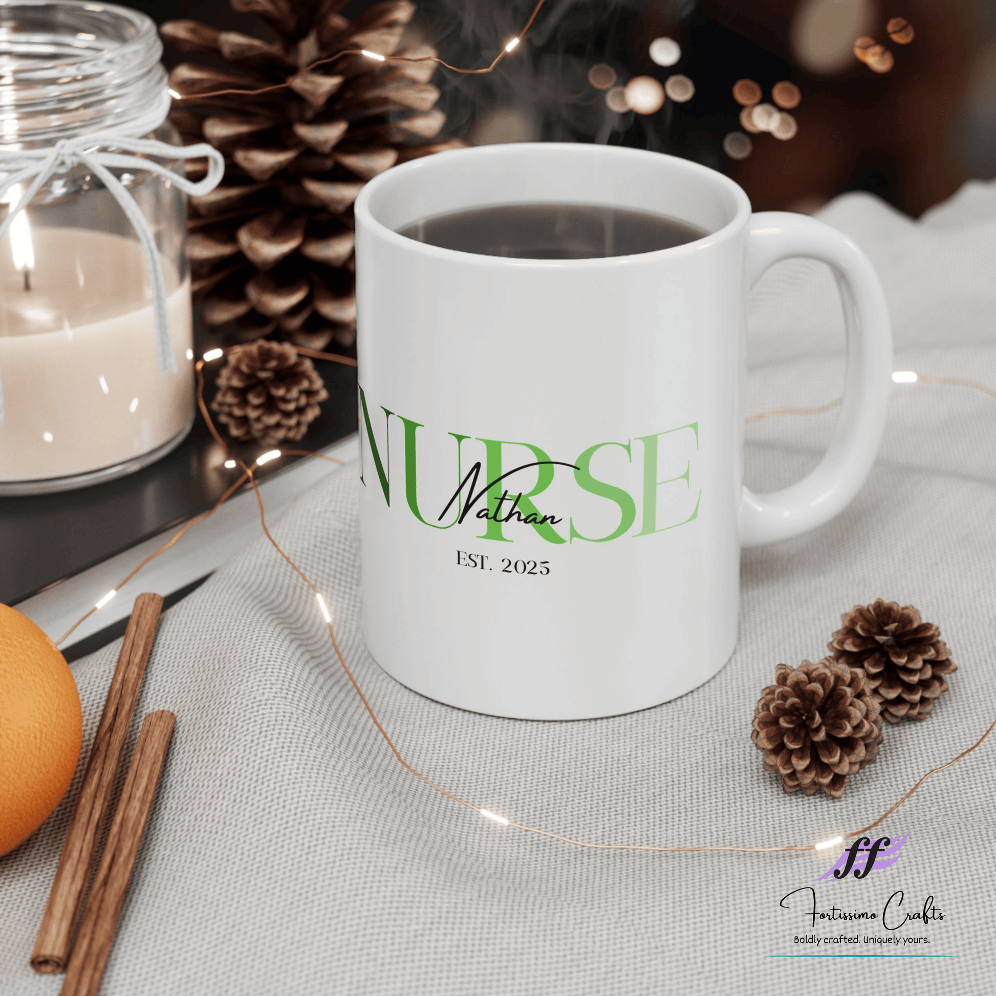 White mug with 'NURSE Nathan EST. 2025' text on a table with decorative items.