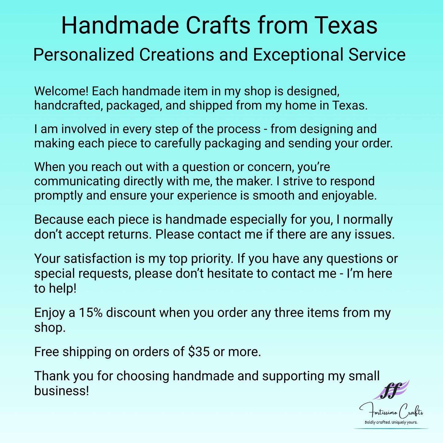 Text about handmade crafts from Texas with a teal background