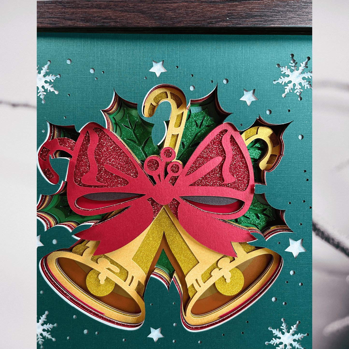 Golden Holiday Bells – Handcrafted 3D Layered Art, Framed