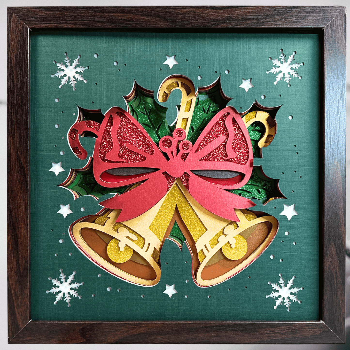 Golden Holiday Bells – Handcrafted 3D Layered Art, Framed