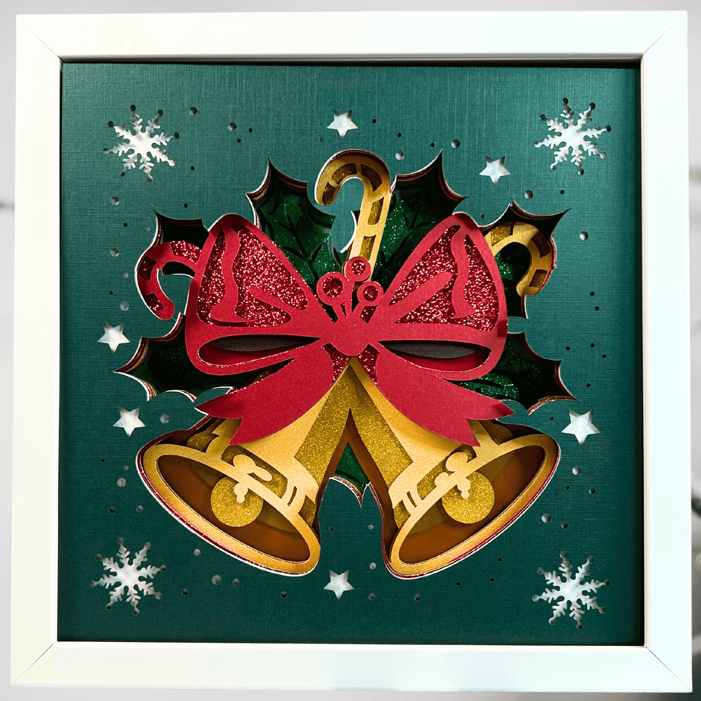 Golden Holiday Bells – Handcrafted 3D Layered Art, Framed