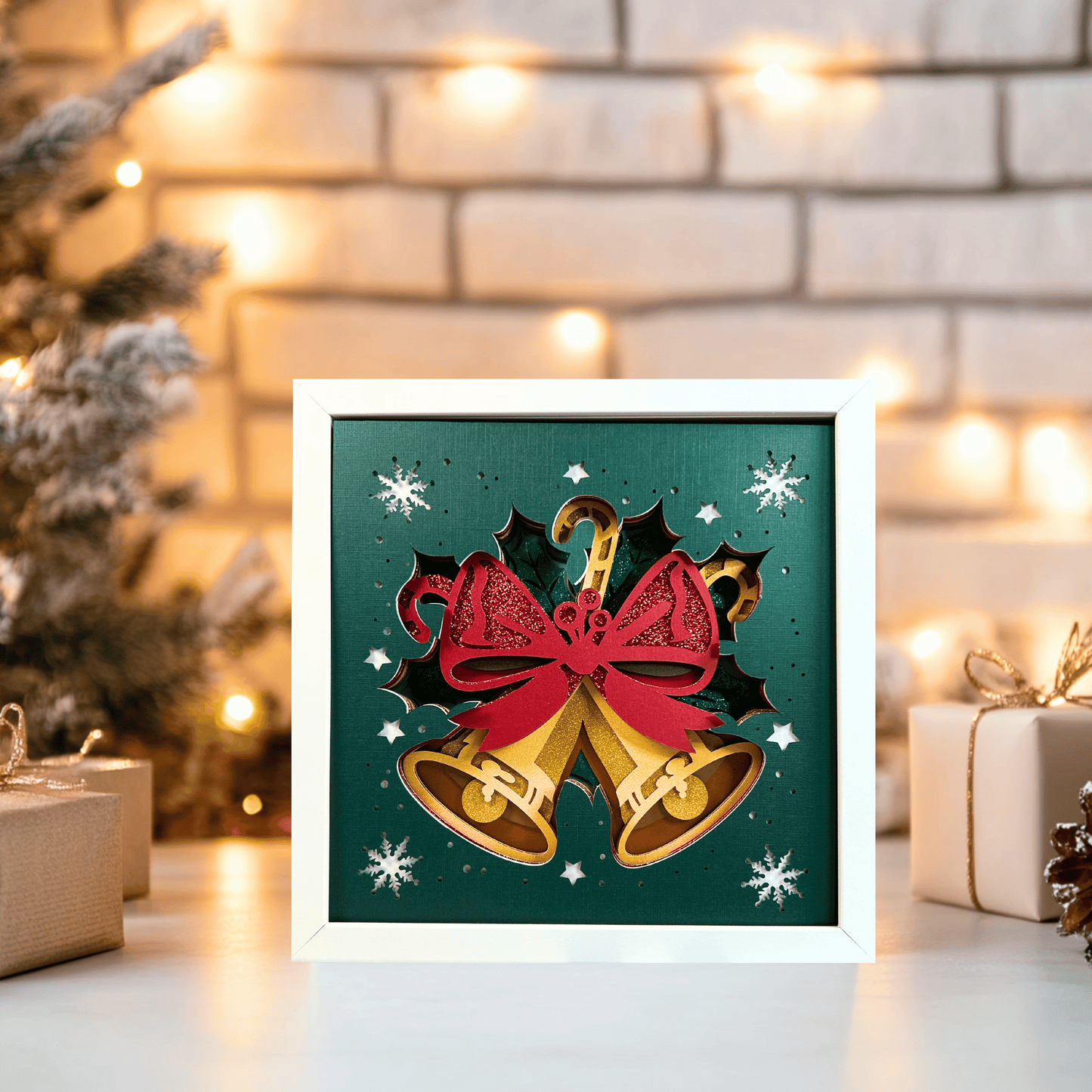 Golden Holiday Bells – Handcrafted 3D Layered Art, Framed