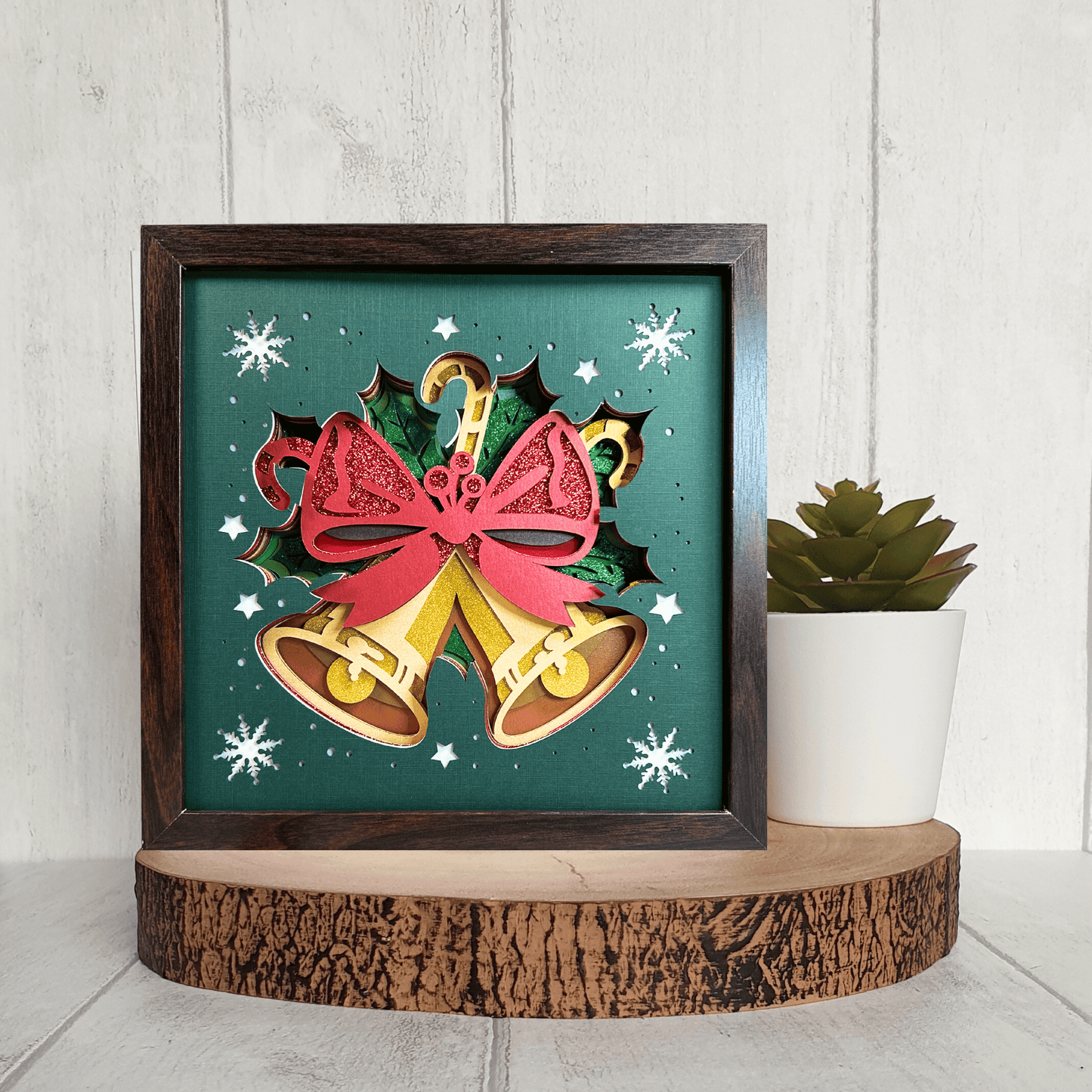 Golden Holiday Bells – Handcrafted 3D Layered Art, Framed