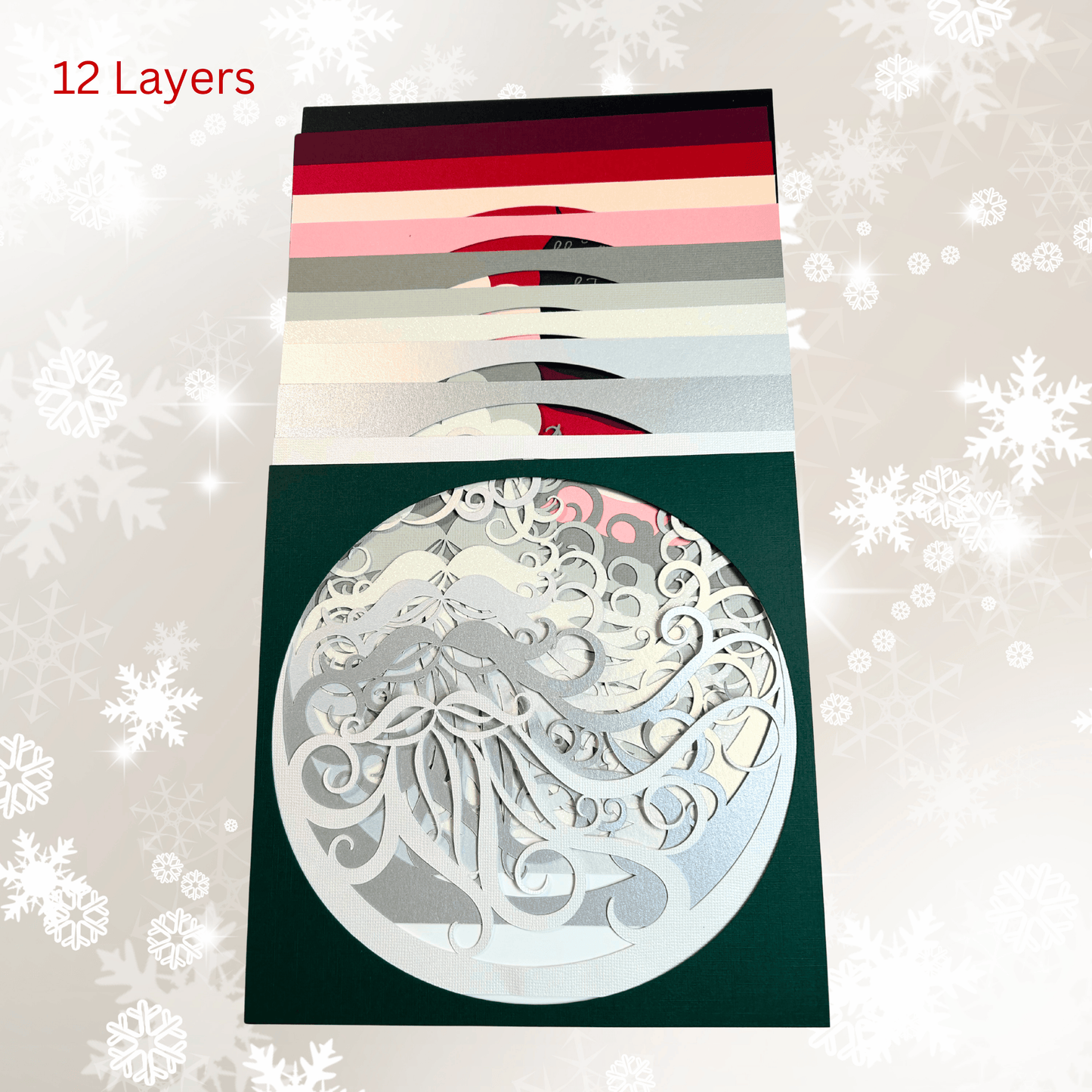 12 layers of Jolly Old St. Nicholas 3D paper art before assembly.