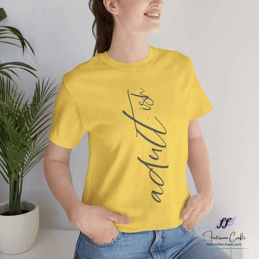 Person wearing a yellow t-shirt with black text, standing next to a plant.