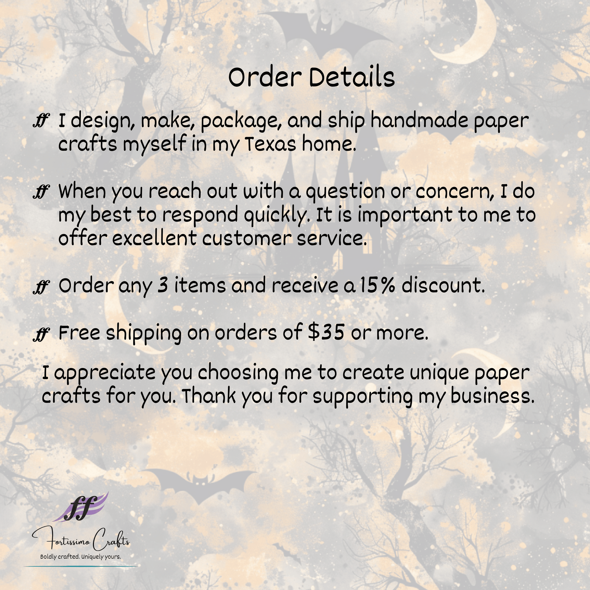 Text about handmade paper crafts with a decorative background