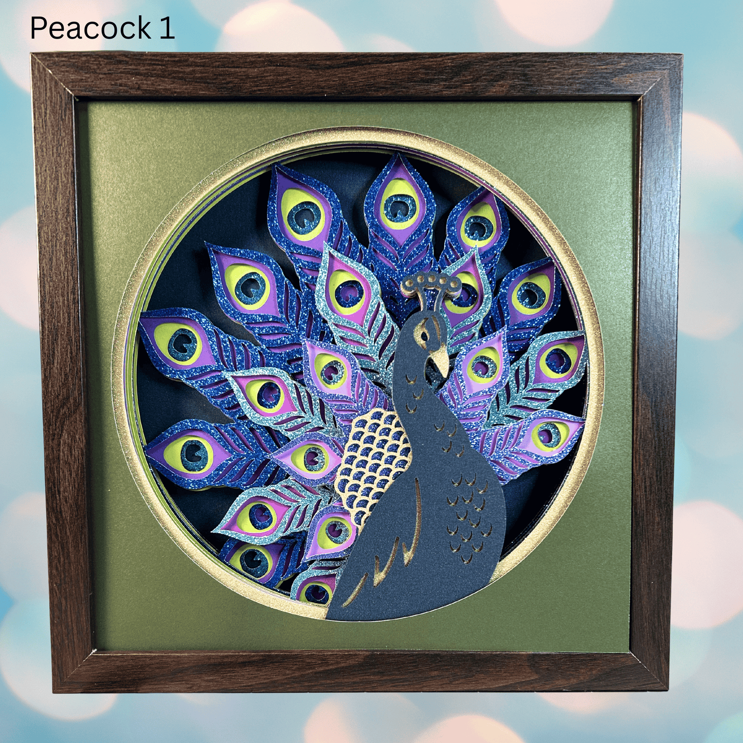 Handcrafted 3D Layered Shadowbox Art, Colorful Peacocks, Framed