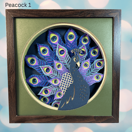 Handcrafted 3D Layered Shadowbox Art, Colorful Peacocks, Framed