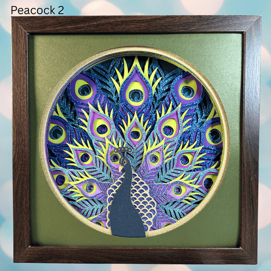 Handcrafted 3D Layered Shadowbox Art, Colorful Peacocks, Framed