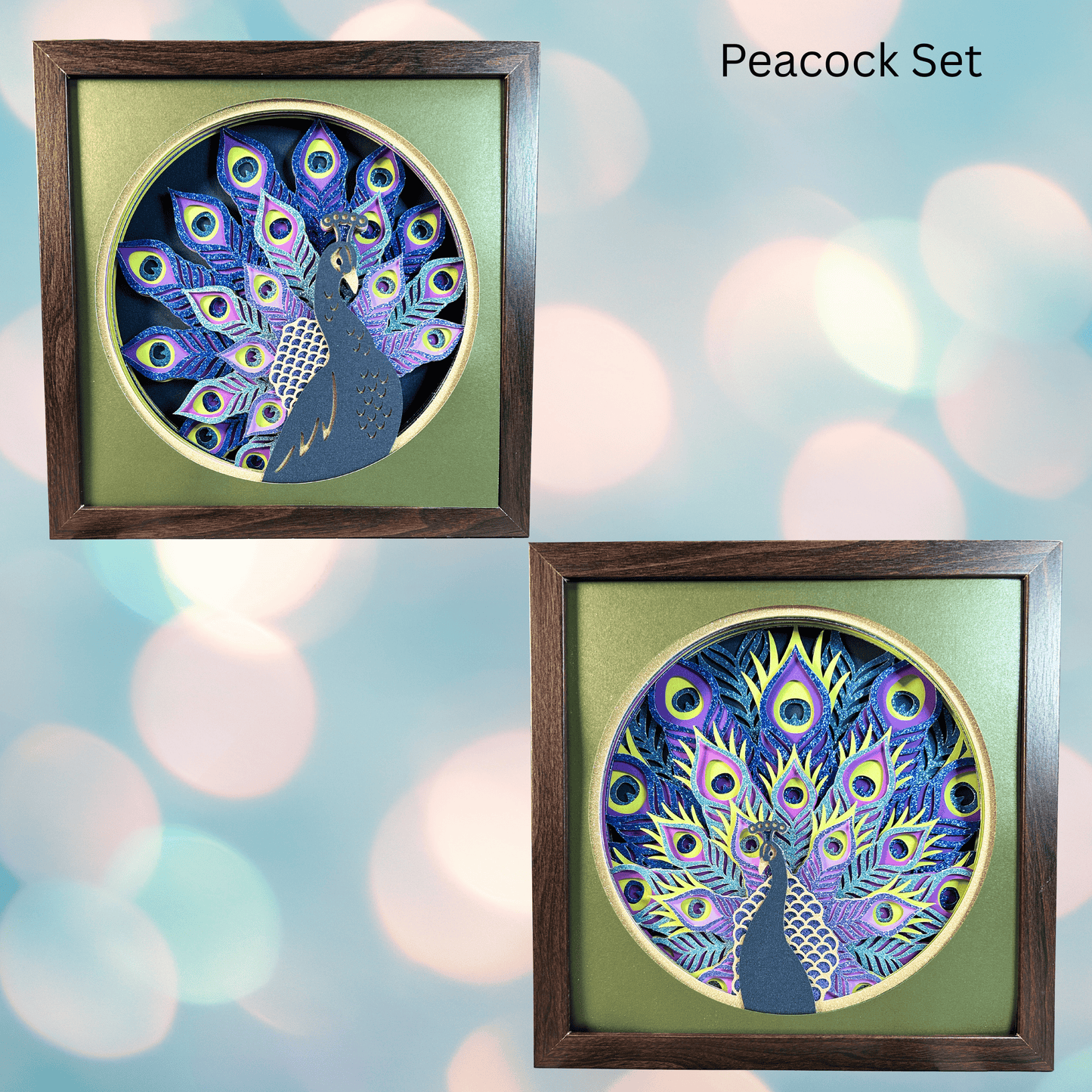 Handcrafted 3D Layered Shadowbox Art, Colorful Peacocks, Framed