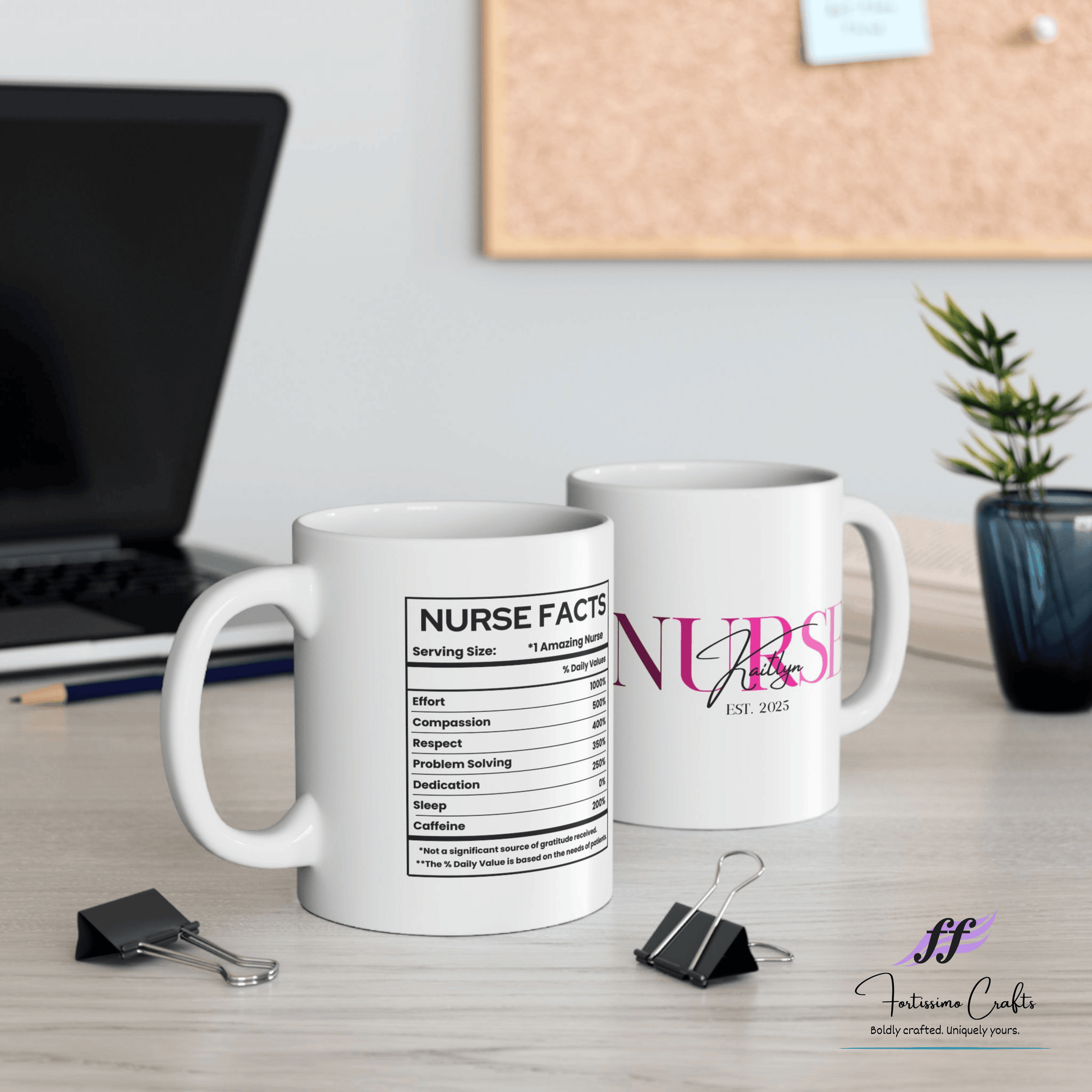 Two mugs on a desk with one labeled 'Nurse Facts' and the other with a pink design, in front of a laptop.