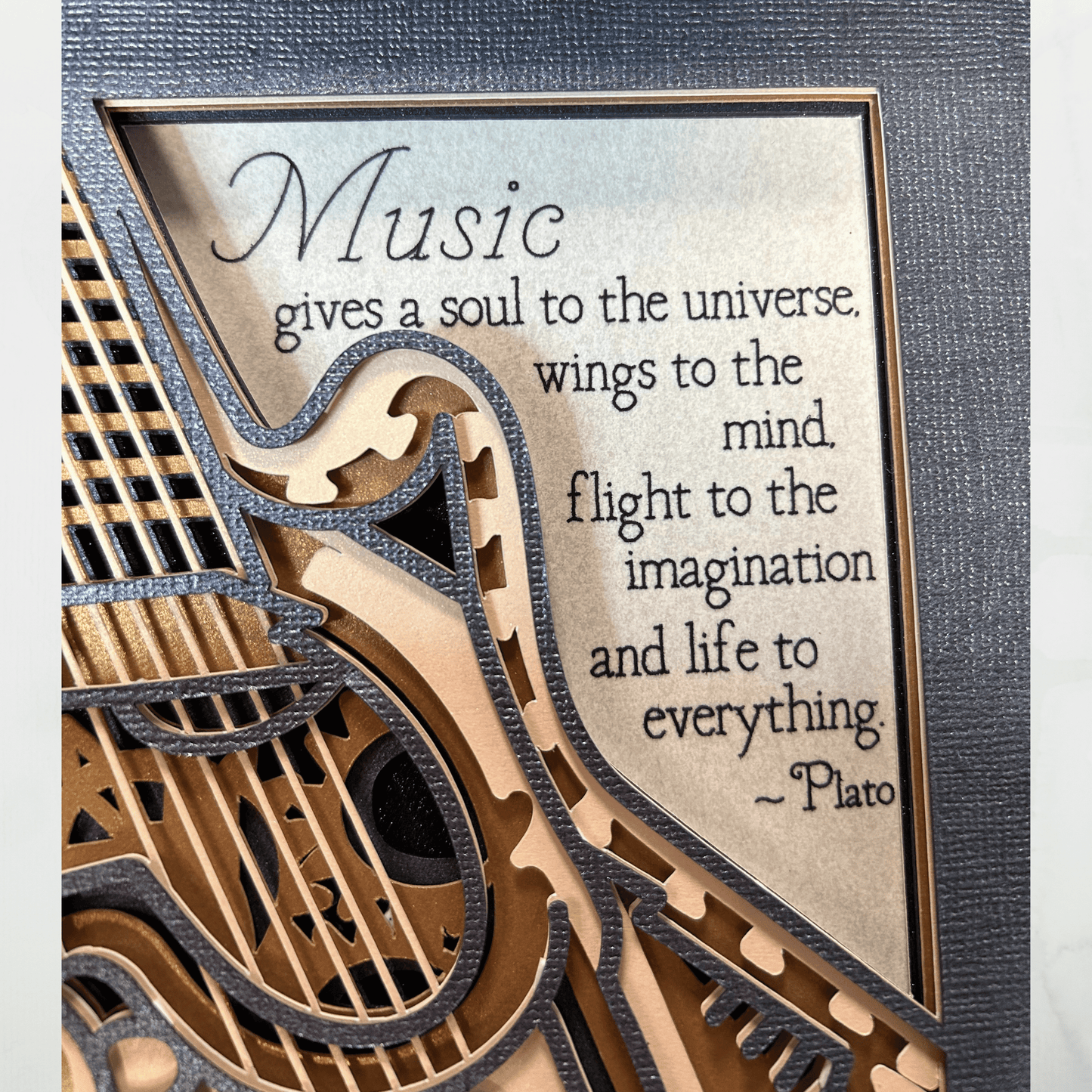Plato’s Guitar Steampunk Shadowbox – Handcrafted 3D Layered Art, Framed