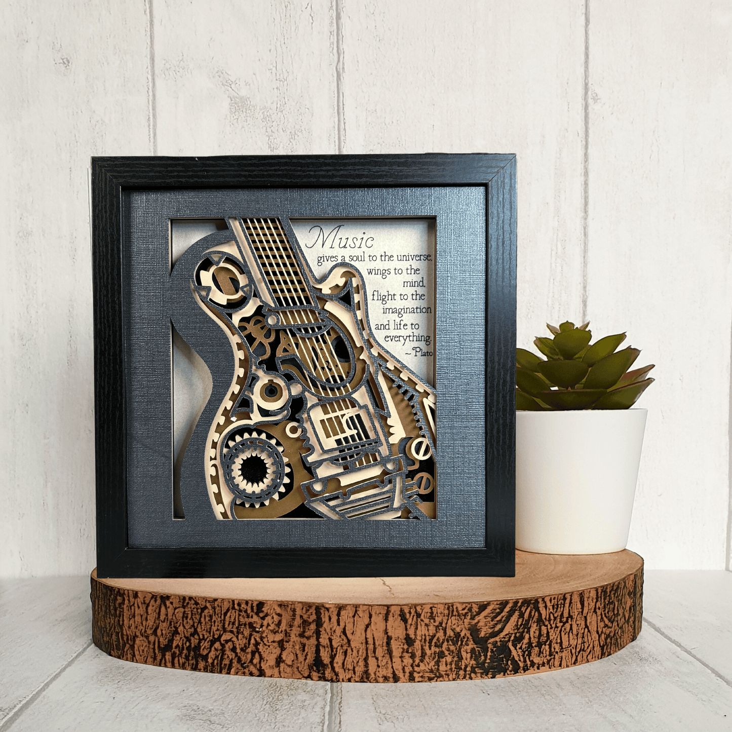 Plato’s Guitar Steampunk Shadowbox – Handcrafted 3D Layered Art, Framed