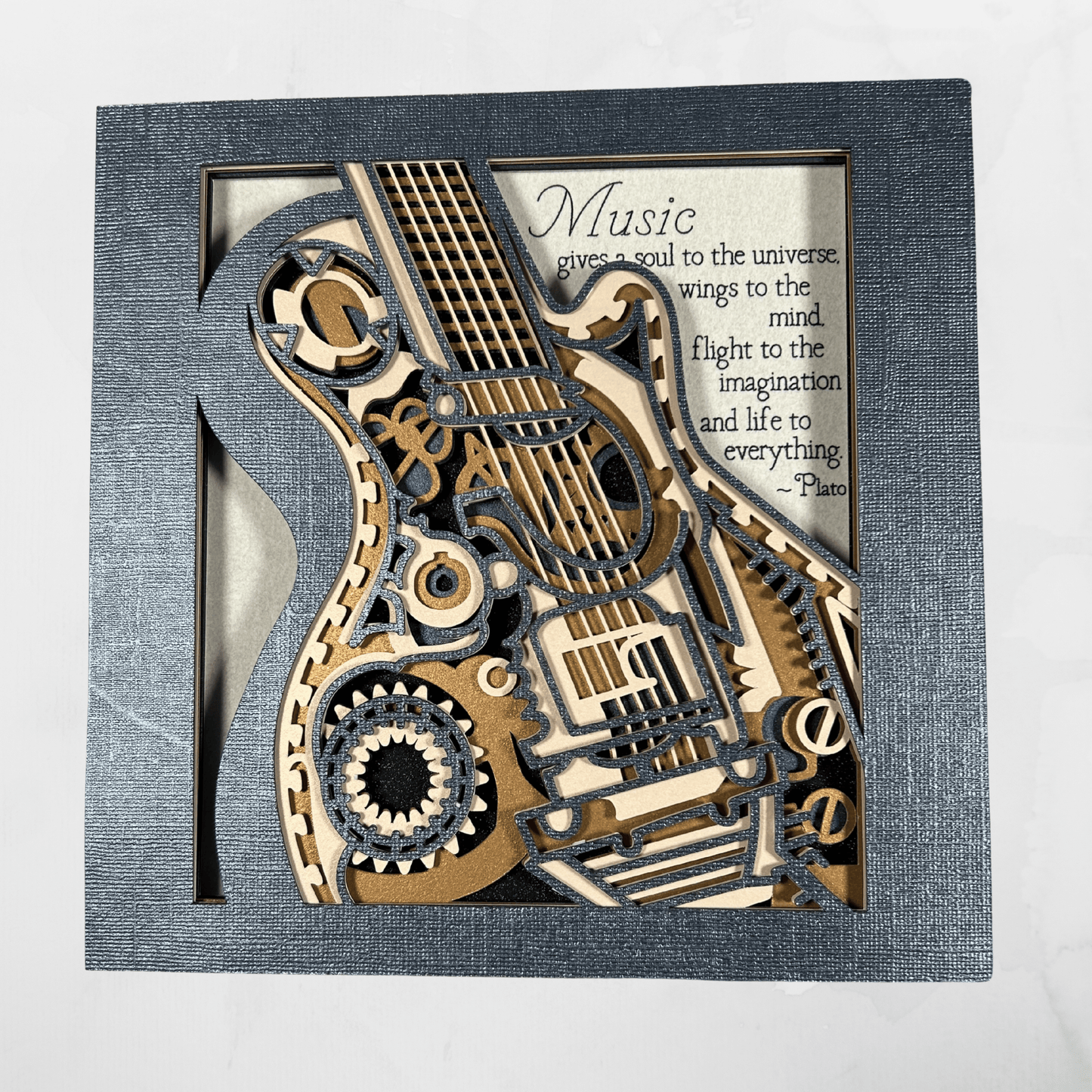 Plato’s Guitar Steampunk Shadowbox – Handcrafted 3D Layered Art, Framed