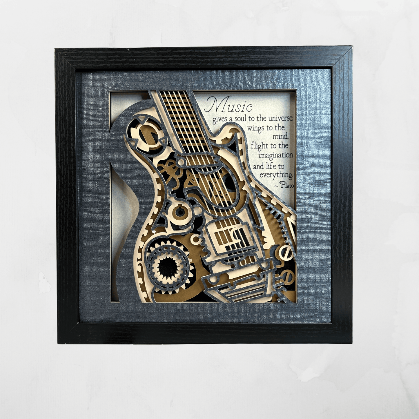 Plato’s Guitar Steampunk Shadowbox – Handcrafted 3D Layered Art, Framed