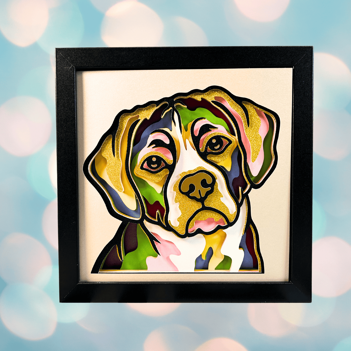 Colorful Weimaraner Dog, Handcrafted 3D Layered Framed Shadowbox Art