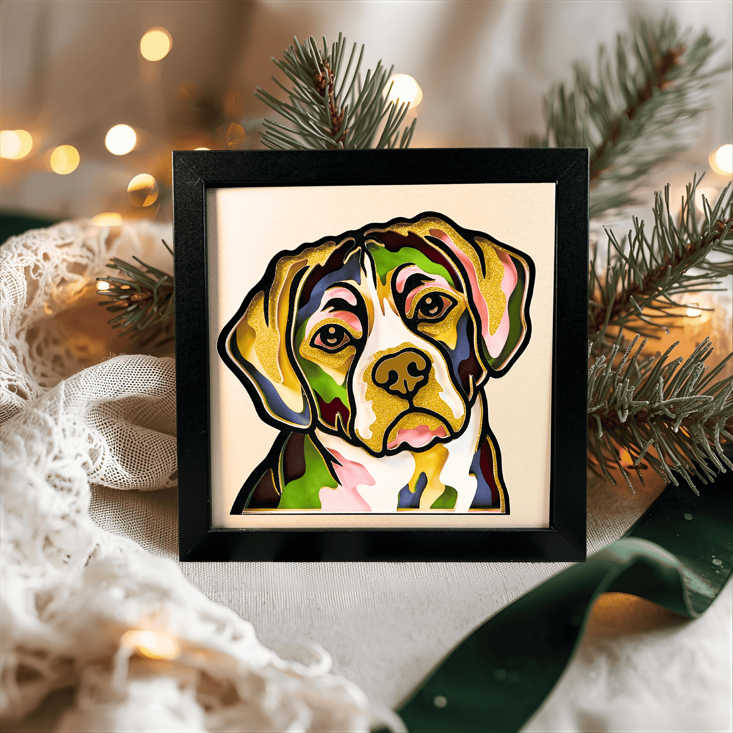 Colorful Weimaraner Dog, Handcrafted 3D Layered Framed Shadowbox Art