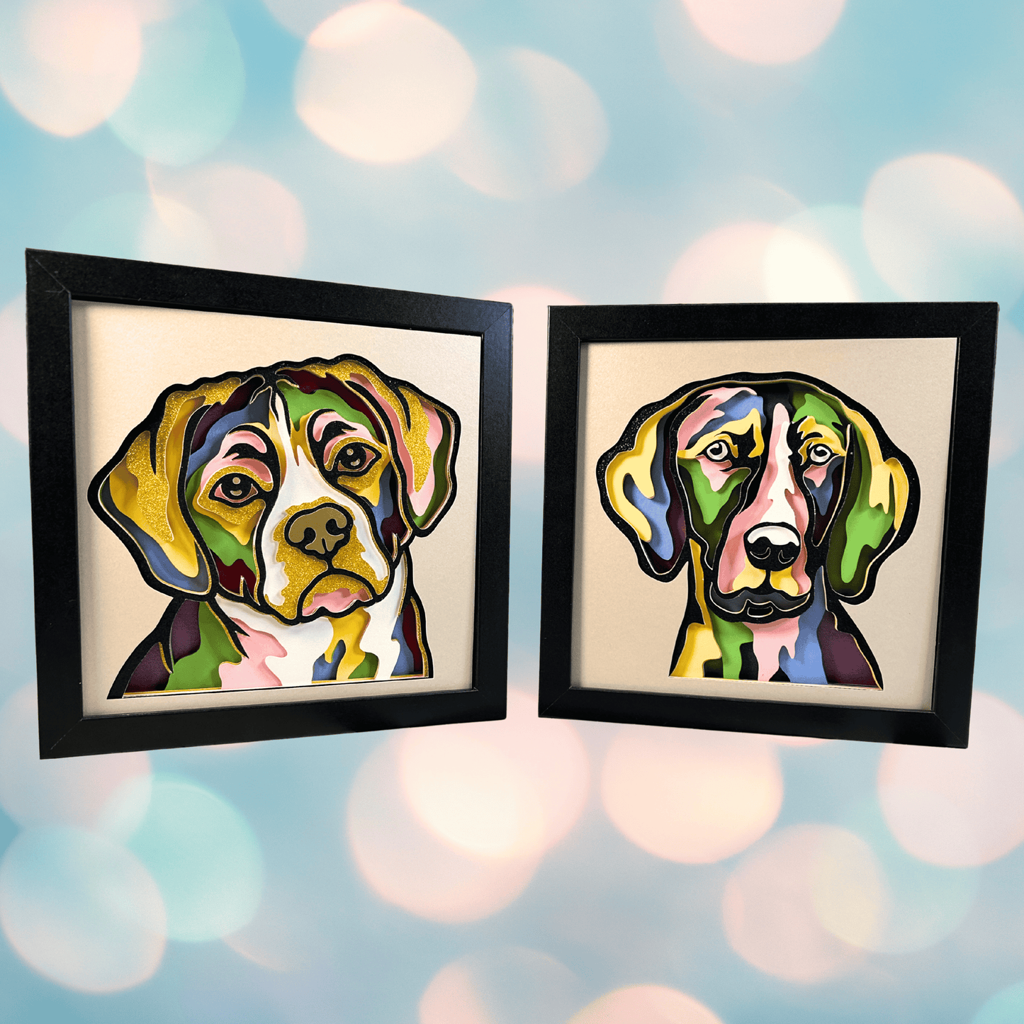 Colorful Weimaraner Dog, Handcrafted 3D Layered Framed Shadowbox Art