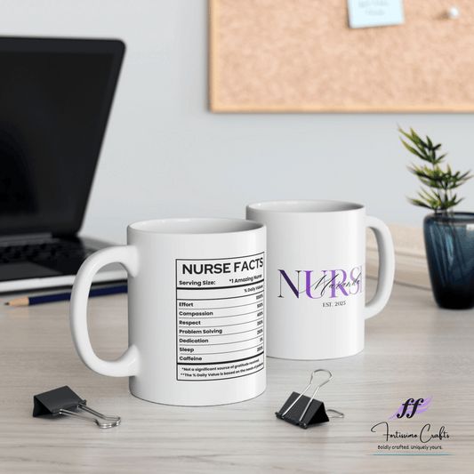 White ceramic mugs with NURSE in purple with the name Maranda on top and est. 2025 underneath sitting on a desk with a laptop in the background