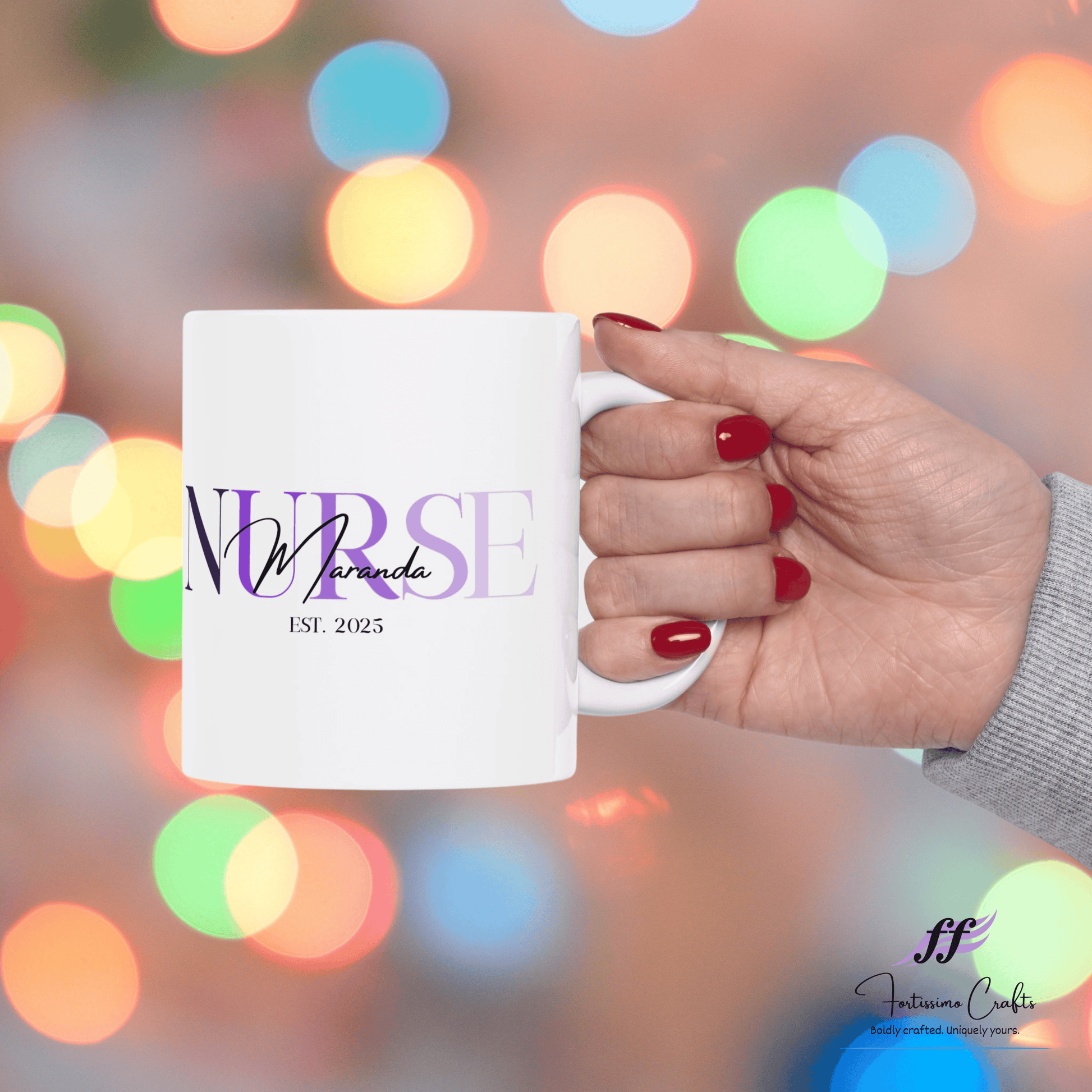 Hand holding a mug with 'NURSE Miranda EST. 2025' text against a colorful blurred lights background