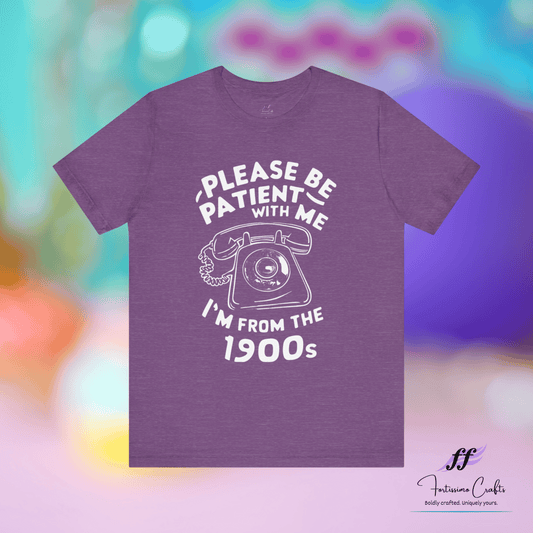 Purple t-shirt with white graphic and text on a colorful background