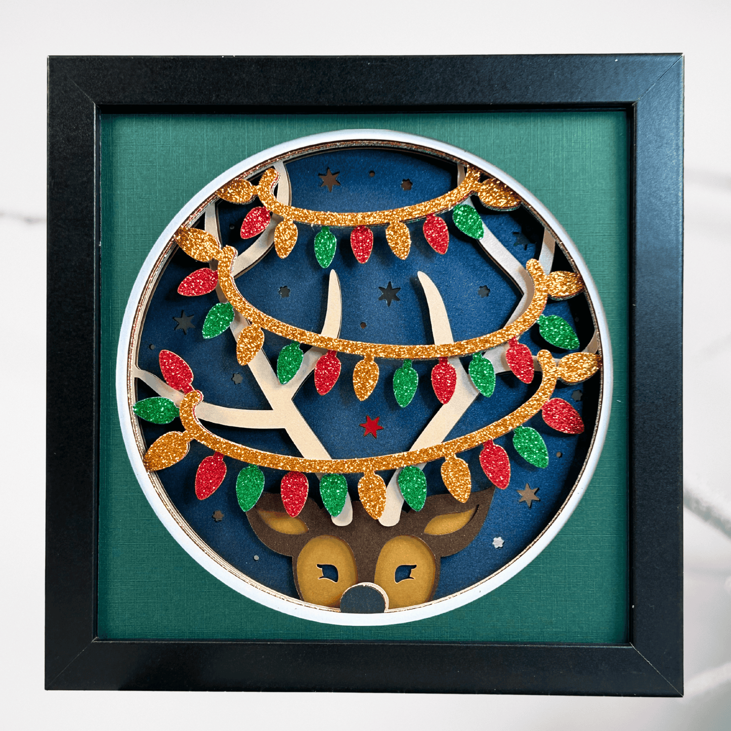 Reindeer with Lights – Holiday Handcrafted 3D Layered Art, Framed