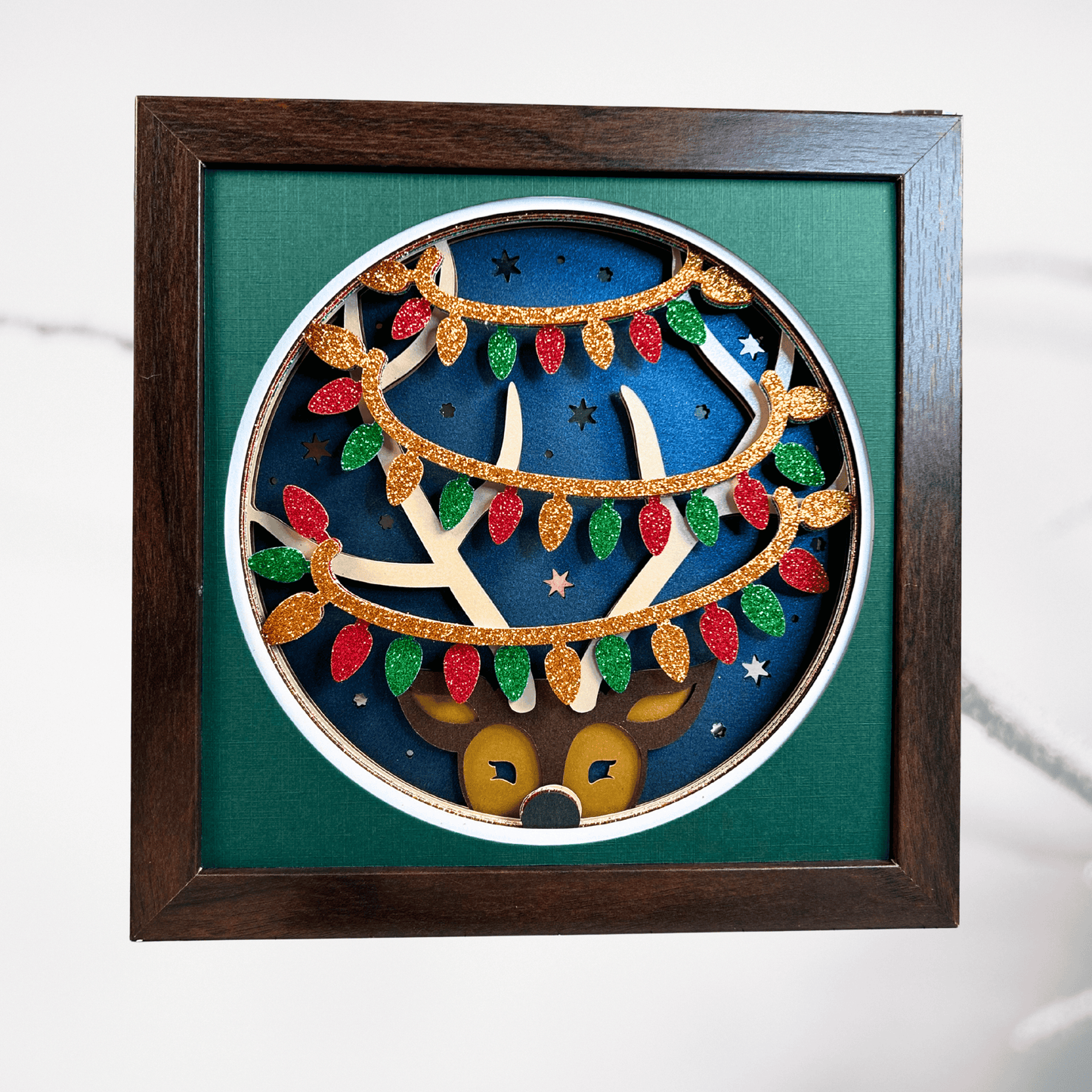 Reindeer with Lights – Holiday Handcrafted 3D Layered Art, Framed