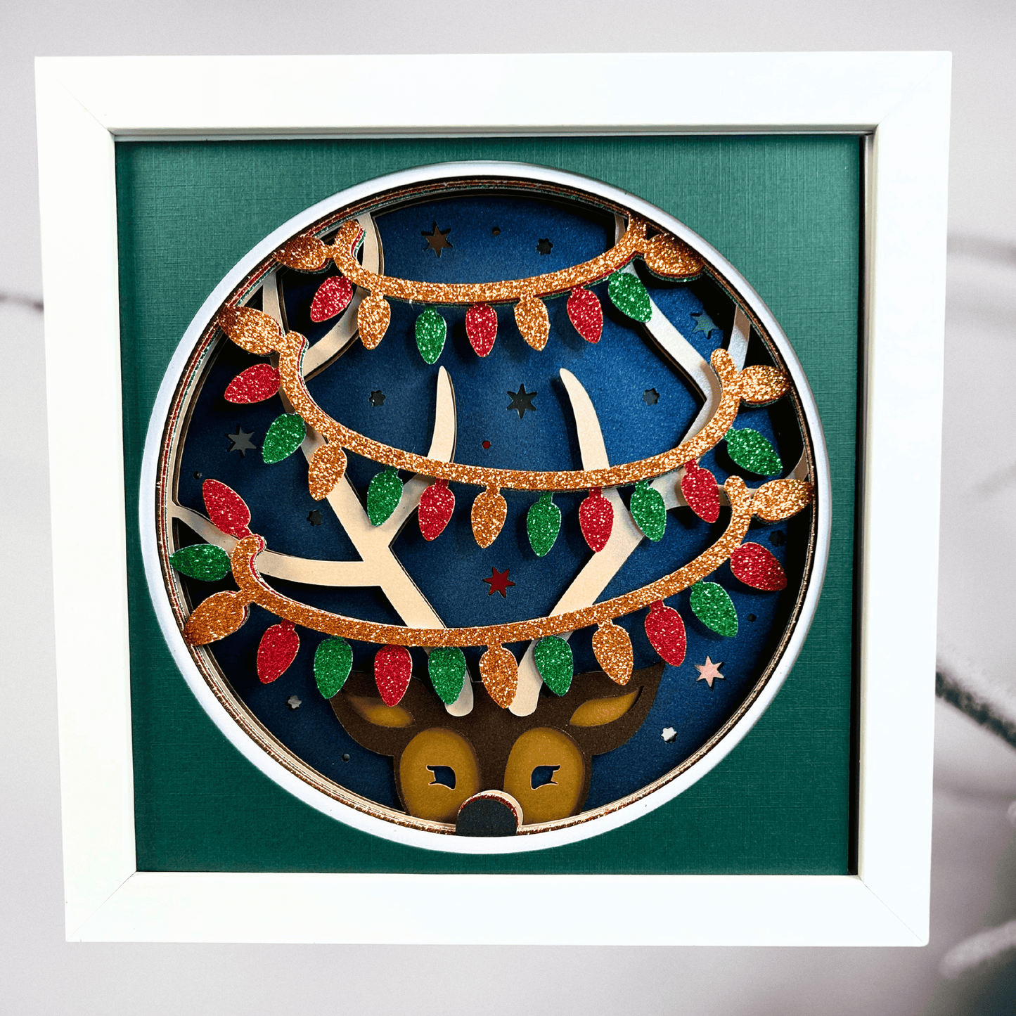 Reindeer with Lights – Holiday Handcrafted 3D Layered Art, Framed