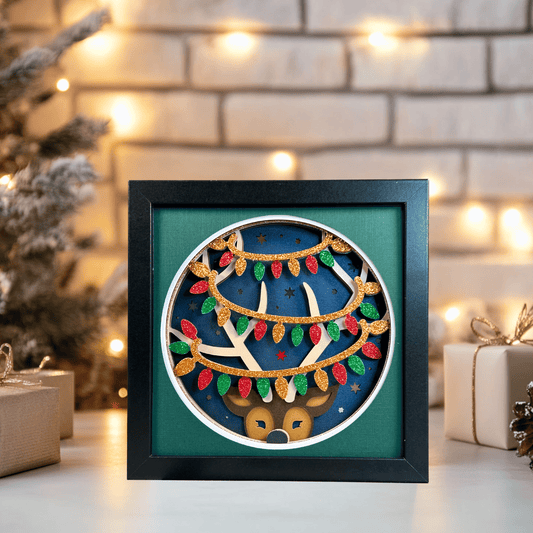 Reindeer with Lights – Holiday Handcrafted 3D Layered Art, Framed