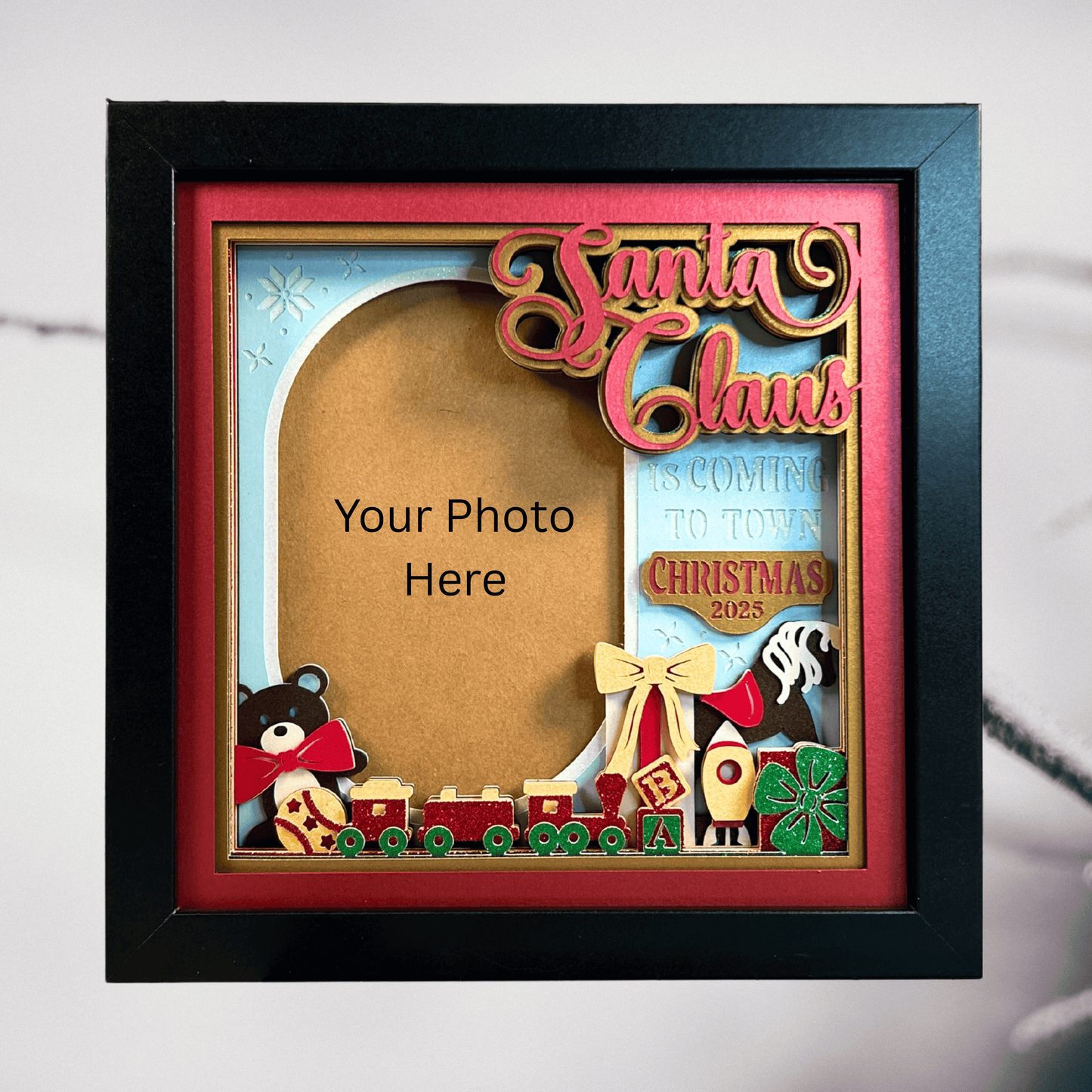 Santa Claus is Coming to Town Shadowbox Photo Frame – Handcrafted 3D Layered Art, Framed