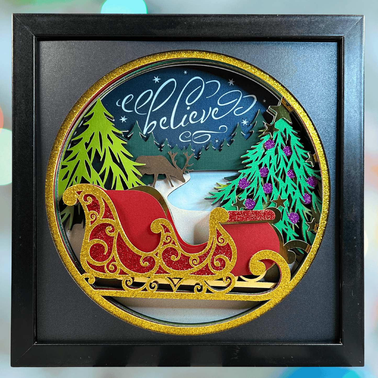 Winter Sleigh Holiday Shadowbox – Handcrafted 3D Layered Art, Framed