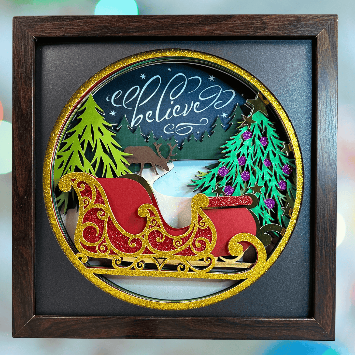 Winter Sleigh Holiday Shadowbox – Handcrafted 3D Layered Art, Framed