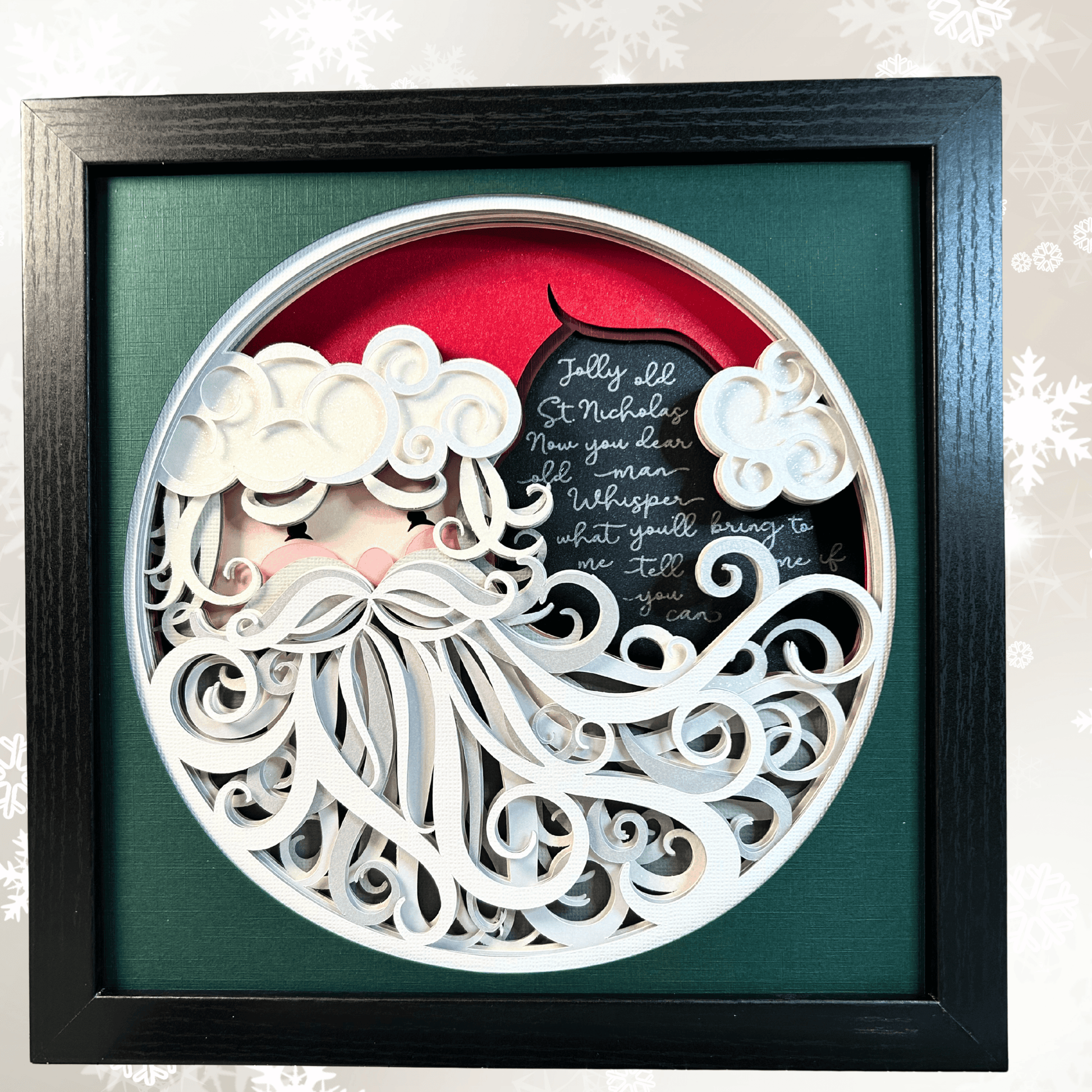 Christmas/Holiday framed 3D layered paper art of Santa's face with intricate beard and words to the song "Jolly Old St. Nicholas" on the back layer.