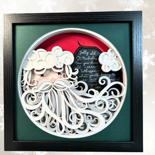 Christmas/Holiday framed 3D layered paper art of Santa's face with intricate beard and words to the song "Jolly Old St. Nicholas" on the back layer.