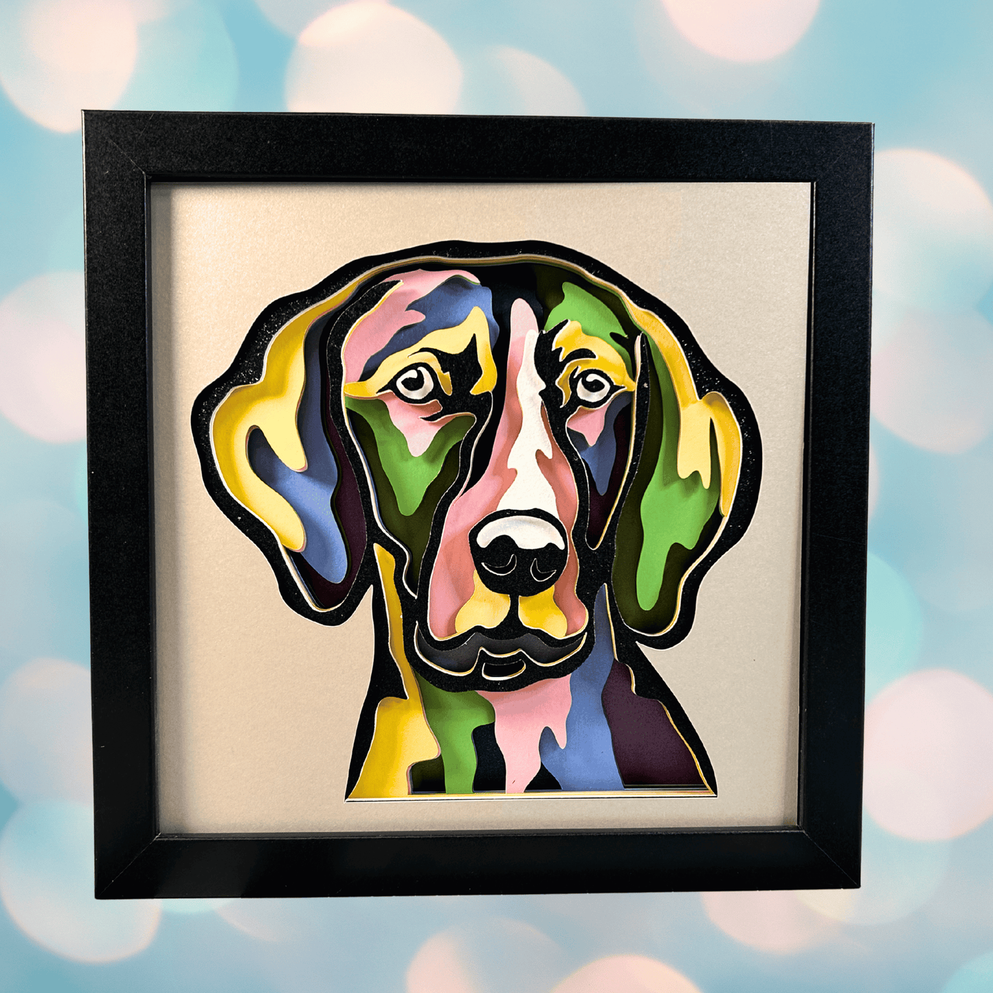 Colorful Weimaraner Dog, Handcrafted 3D Layered Framed Shadowbox Art
