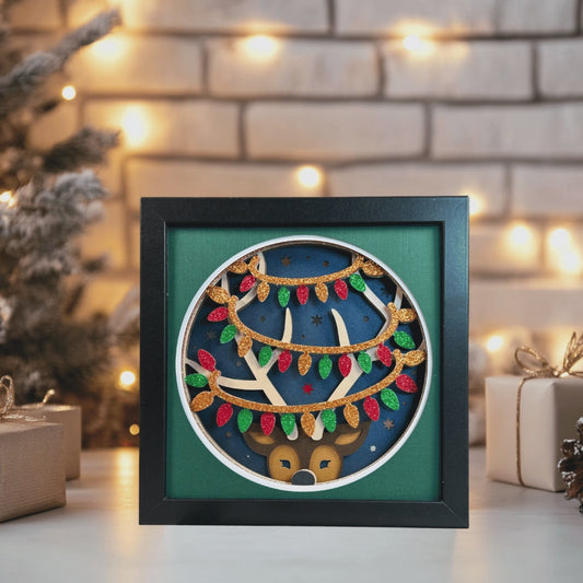 Reindeer with Lights – Holiday Handcrafted 3D Layered Art, Framed
