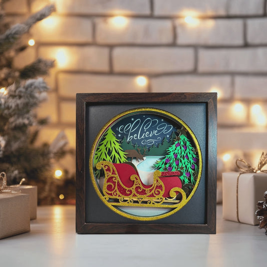 Winter Sleigh Holiday Shadowbox – Handcrafted 3D Layered Art, Framed
